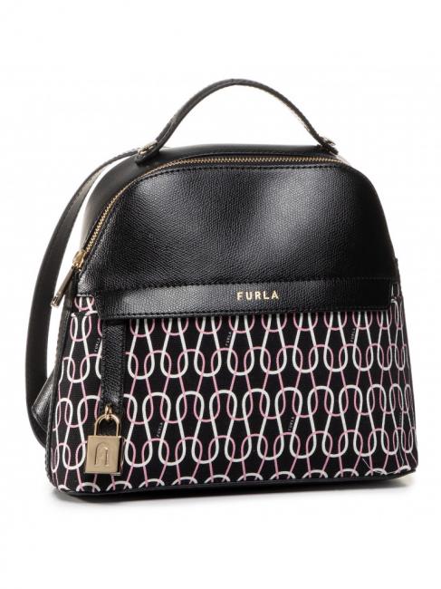 FURLA PIPER Mochila de lona y piel con estampado de cadenas negro + talco + rosa claro - Bolsos Mujer