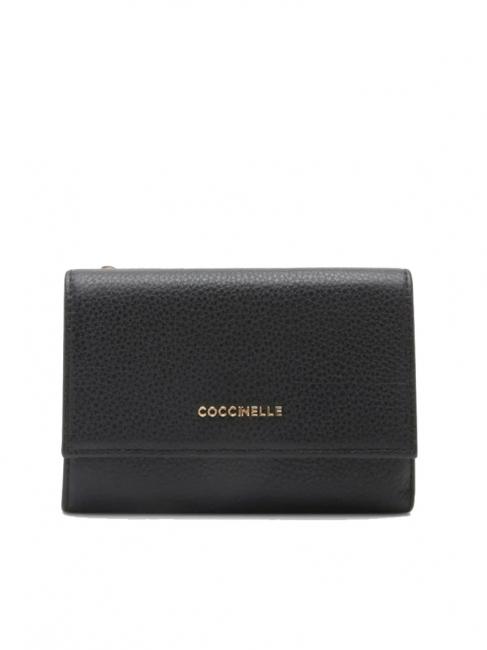 COCCINELLE METALLIC SOFT Cartera plegable de piel martillada negro - Carteras Mujer