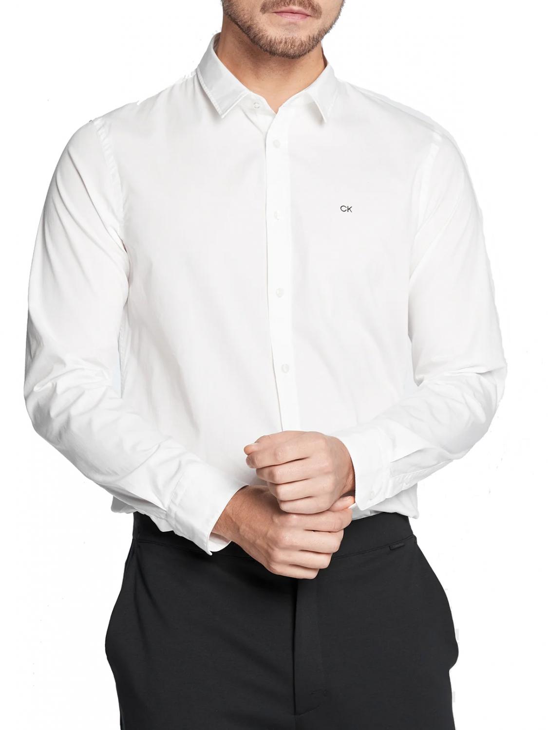 Calvin Klein Stretch Poplin Camisa De Algodón Slim Blanco Brillante - ¡Compra En Le Sac Outlet!
