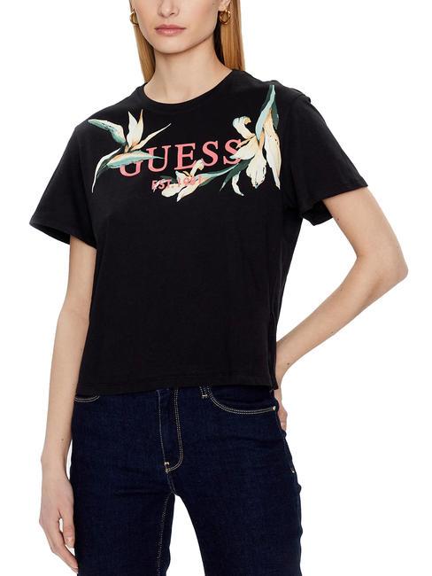 GUESS LOGO FLOWERS Camiseta de algodón jetbla - camiseta
