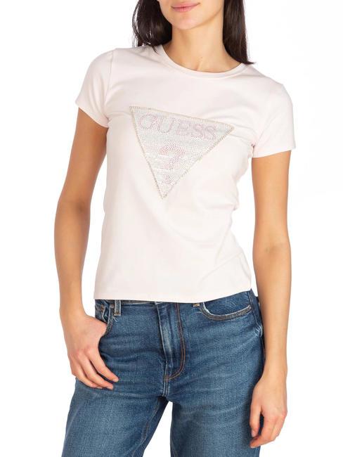 GUESS TRIANGLE CRYSTAL LOGO Camiseta de algodón con pedrería rosa de bajo perfil - camiseta