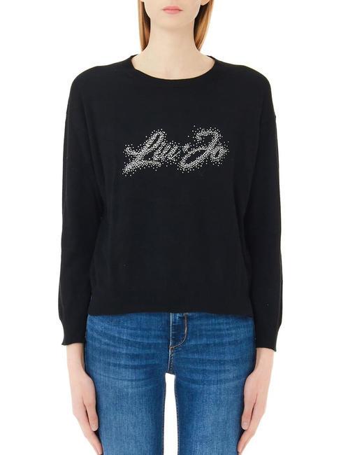 LIUJO STRASS LOGO Jersey de mezcla de lana con cuello redondo logotipo negro - Suéteres de mujer