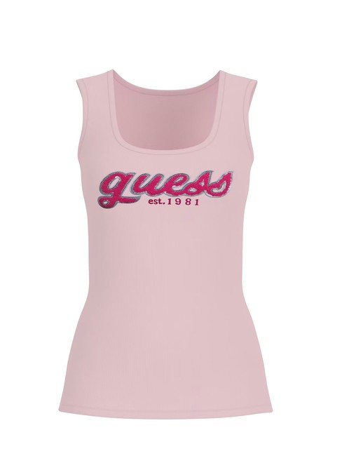 GUESS CHENILLE LOGO  Top de algodón rosa de bajo perfil - camiseta
