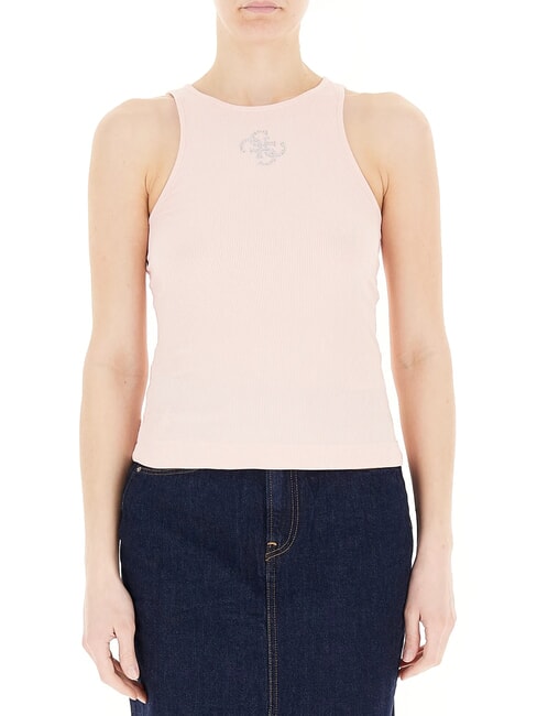 GUESS NEW SL ROUND GUENDALINA camiseta sin mangas con logo 4G de strass perla rosa - camiseta