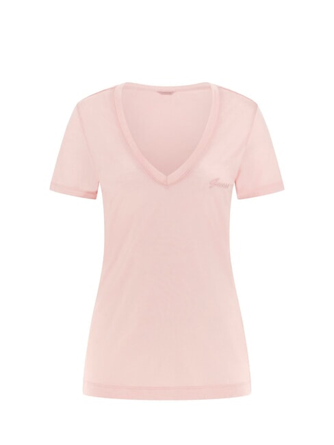 GUESS VN SS LIGHT BASIC Camiseta suave con cuello en V perla rosa - camiseta