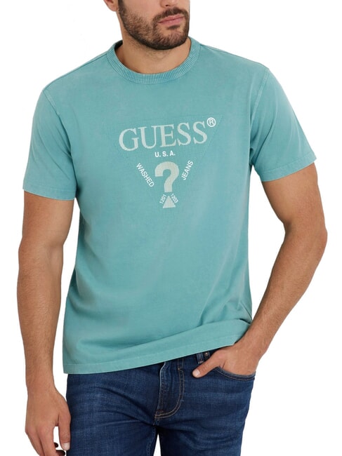 GUESS TRIANGLE Camiseta de algodón con estampado verde azulado suave - camiseta