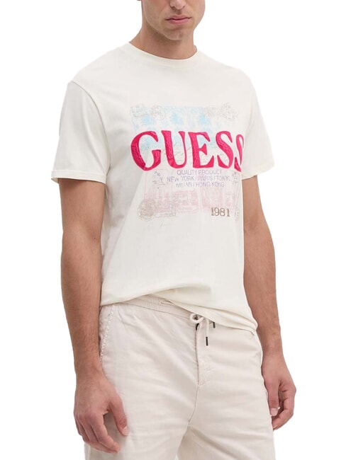 GUESS WORLD STAMPS Camiseta de algodón blanco perla multi - camiseta