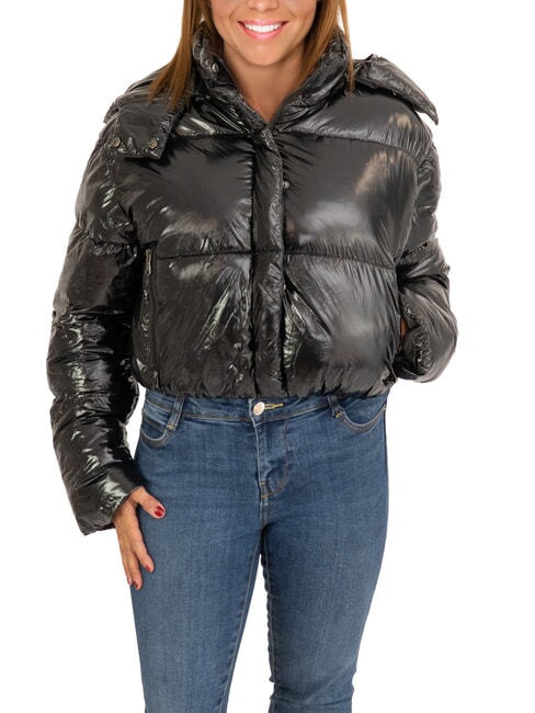 CANADIAN MINGAN Chaqueta corta brillante de plumas con capucha negro brillante reciclado - Chaquetas de plumas de mujer