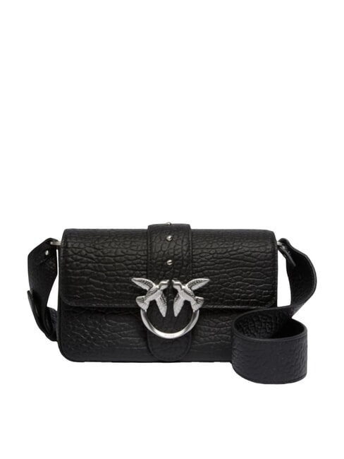 PINKO LOVE ONE SLOUCHY  Mini bolso de hombro de piel Limusina negra - plata mate - Bolsos Mujer