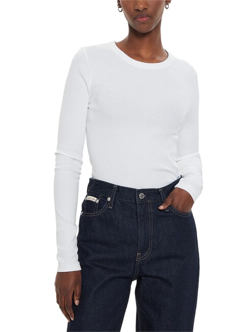 CALVIN KLEIN CK JEANS Suéter de cuello redondo acanalado blanco brillante - Suéteres de mujer