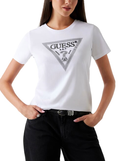 GUESS SS CN KRYSTAL TRIANGLE Camiseta de manga corta con tachuelas y pedrería purwhite - camiseta