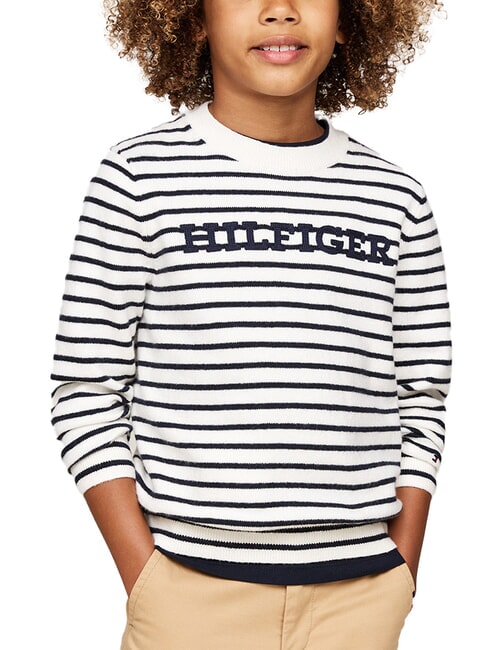 TOMMY HILFIGER TH KIDS suéter de cuello redondo base blanca / raya azul - Suéteres para niños