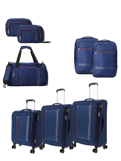 AMERICAN TOURISTER BLAZING RIDE Juego de 3 maletas con ruedas + bolsa de viaje + 2 mochilas + 2 neceseres azul marino/naranja - Set Trolley