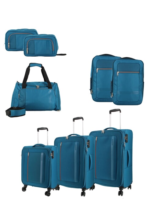 AMERICAN TOURISTER BLAZING RIDE Juego de 3 maletas con ruedas + bolsa de viaje + 2 mochilas + 2 neceseres verde azulado/naranja - Set Trolley