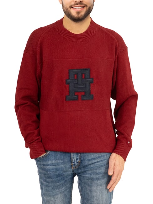 TOMMY HILFIGER TH Suéter de algodón de cuello redondo con logo monograma rojo/cielo del desierto - Suéteres de los hombres