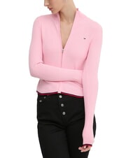 TOMMY HILFIGER TH JEANS C&aacute;rdigan ligero de punto trenzado con cremallera completa raya de az&uacute;car rosa - Su&eacute;teres de mujer - 1
