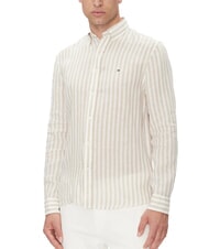 TOMMY HILFIGER TH Camisa de lino a rayas de corte regular ceniza de madera / raya de caf&eacute; helado - Camisas de hombre - 1