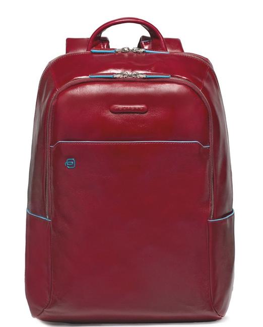 PIQUADRO Mochila Línea AZUL CUADRADO, en cuero ROJO - Mochilas para portátil