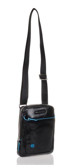 Bolso CUADRADO AZUL, soporte para tableta, en cuero negro - Bandoleras Hombre