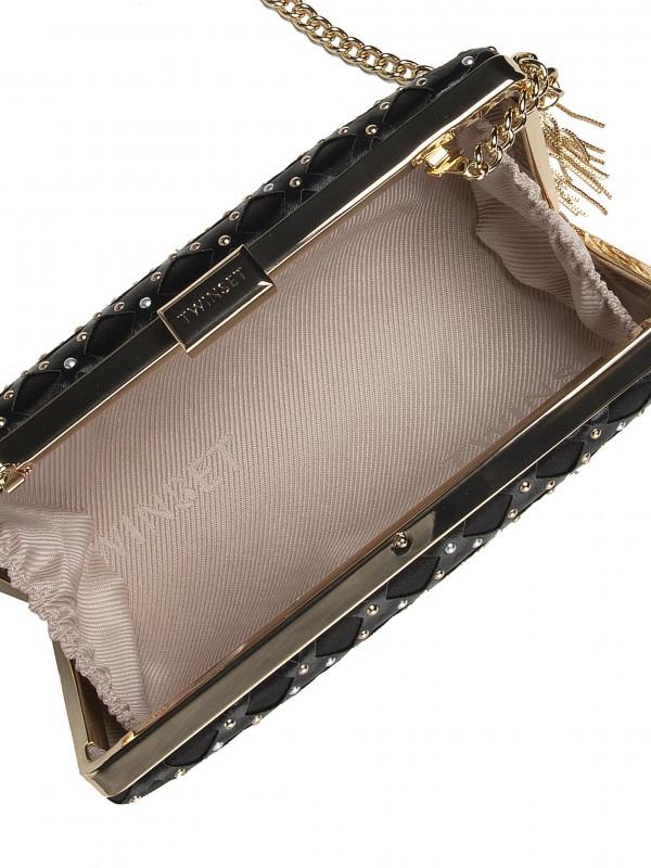 Pochette rigida oro glitter elegante da cerimonia con tracolla in catena |  Emila.it