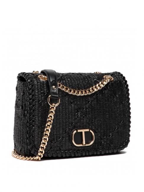 STRAW EMBROIDERY Bolso bandolera peque&ntilde;o con solapa negro - Bolsos Mujer