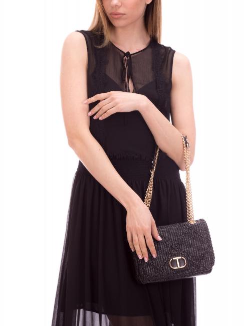 STRAW EMBROIDERY Bolso bandolera peque&ntilde;o con solapa negro - Bolsos Mujer
