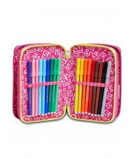 SJGANG ANIMALI FANTASY SJ GIRL Estuche con 3 cremalleras, completo con rotuladores y material escolar BOSQUE DE RAYAS NEGRAS - Estuches y Accesorios - 4