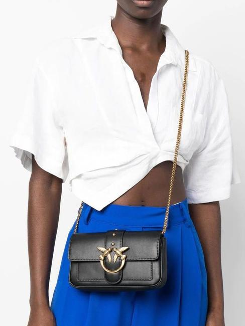 LOVE ONE POCKET Bolso bandolera de piel negro-oro antiguo - Bolsos Mujer