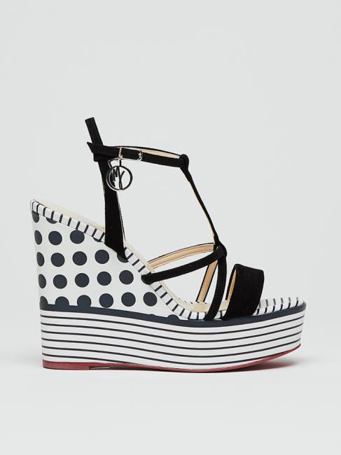 CAMPIONARIO Sandalias de cu&ntilde;a con lunares y rayas, con tiras de cuero. blanco negro - Zapatos Mujer