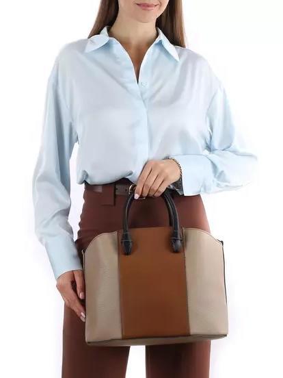 MIASTELLA Bolso tote de piel con bandolera gris+coñac h+negro - Bolsos Mujer