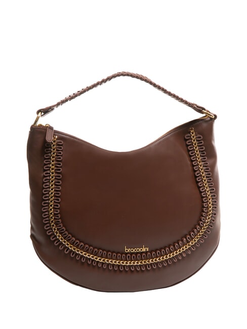 NAOMI Bolso hobo de piel con cadena marrón - Bolsos Mujer