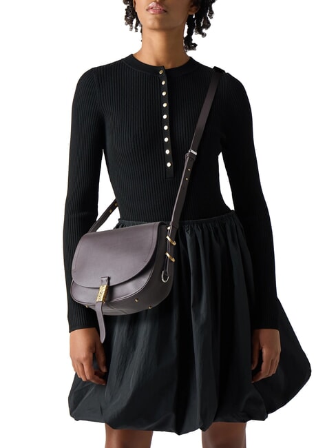 SADDLE Bolso bandolera de piel con solapa mezcla moro marrón gal. nik de oro - Bolsos Mujer