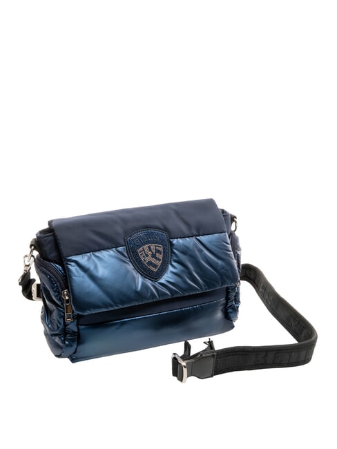 PADDED NYLON Bolso de hombro mullido con logotipo de diamantes de imitaci&oacute;n AZUL - Bolsos Mujer