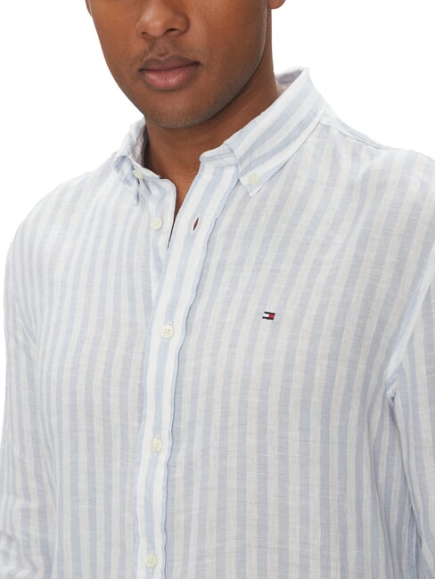 TH Camisa de lino a rayas de corte regular Raya bretona blanca azul marino noche oscura - Camisas de hombre