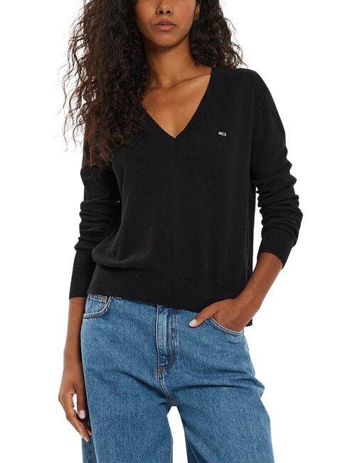 TH JEANS Su&eacute;ter con cuello en V negro - Su&eacute;teres de mujer