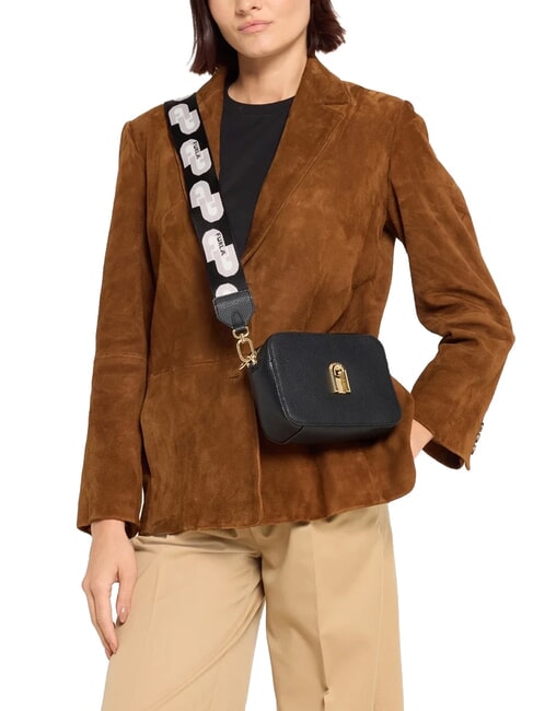 GARDENIA Bolso porta c&aacute;mara de piel con estampado keria tonos negro+hielo - Bolsos Mujer