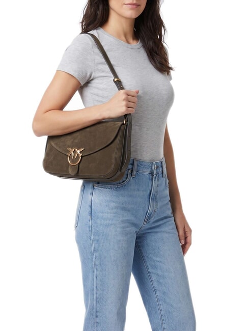 LOVE SATCHEL Bolso de hombro de piel de ante. verde oliva oscuro-oro antiguo - Bolsos Mujer